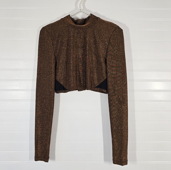 NWT Bardot Tuscany Long Sleeve Lurex Crop Top in Bronze Lur Medium - Picture 4 of 10